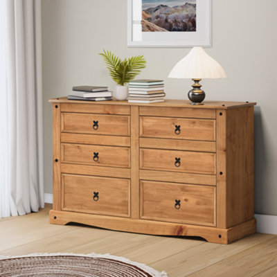 Mercers Furniture Corona Low 3+3 Wide Chest Of 6 Drawers Sideboard Solid Pine With Mexican Styling Grain/Black