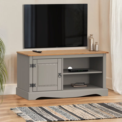 Mercers Furniture Corona Wax 1 Door Media Unit 1 Shelf Tv Cabinet Solid Pine With Mexican Styling Grey