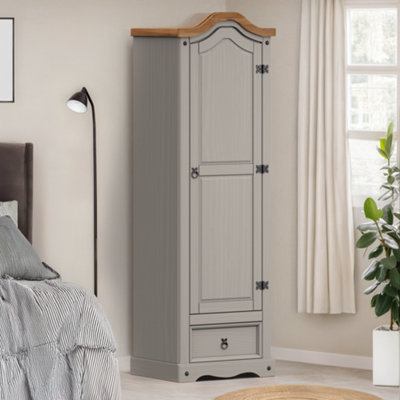 Mercers Furniture Corona Wax 1 Door 1 Drawer Wardrobe Single Arch Top Solid Pine With Mexican Styling Grey