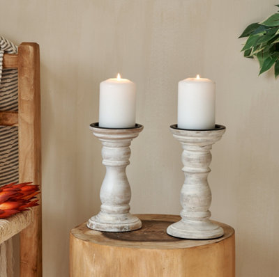 Natural Wood White Distressed Candle Holder 20Cmh LightingWhite Candlestick from B&Q