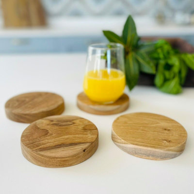 Natural Wooden Round Coaster Set Of 4 from B&Q