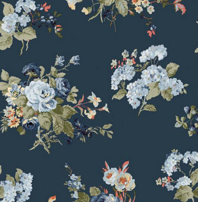 Laura Ashley Rosemore Midnight Seaspray Floral Smooth Wallpaper 114898 from B&Q