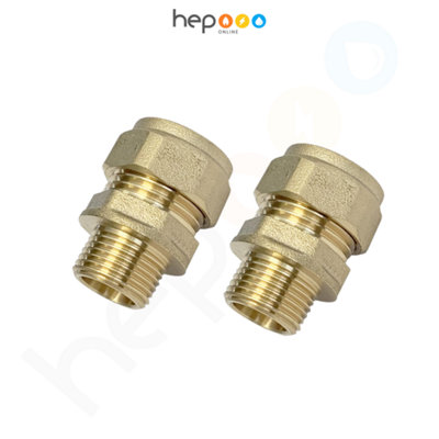 Hep Online 15Mm Compression By 3/8" Bsp Brass Male Iron Coupler Straight Adaptors 15Mm X 3/8" Male (Pack Of 2) Size 3 B&Q