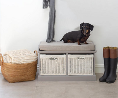 Statement Furniture Tetbury Bench With 2 White Wicker Basket And Grey Cushion- Dove Grey White/Grey