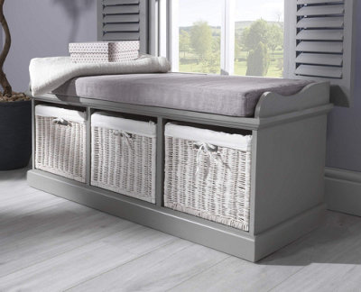 Statement Furniture Tetbury Bench With 3 White Wicker Basket And Grey Cushion- Dove Grey White/Grey
