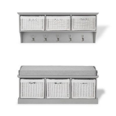Statement Furniture Tetbury 3 White Wicker Basket And Grey Cushion Hallway Set - Dove Grey White/Grey