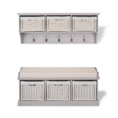 Statement Furniture Tetbury 3 White Wicker Basket And Cream Cushion Hallway Set - Truffle White/Cream