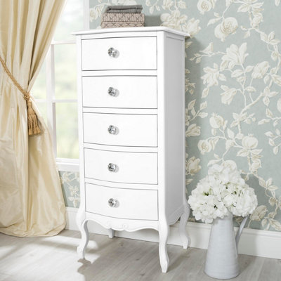 Statement Furniture White Juliette Shabby Chic Drawer Tallboy With Crystal Handles Size 5 B&Q
