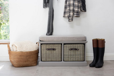 Statement Furniture Tetbury Bench With 2 Grey Faux Rattan Baskets And Grey Cushion- Dove Grey from B&Q