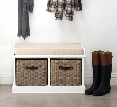 Statement Furniture Tetbury Bench With 2 Brown Faux Rattan Baskets And Cream Cushion- White from B&Q