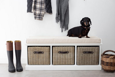 Statement Furniture Tetbury Bench With 3 Brown Faux Rattan Baskets And Cream Cushion- White from B&Q