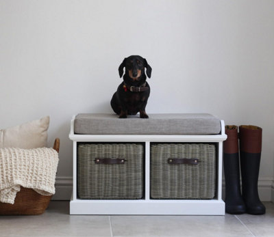Statement Furniture Tetbury Bench With 2 Grey Faux Rattan Baskets And Grey Cushion- White from B&Q
