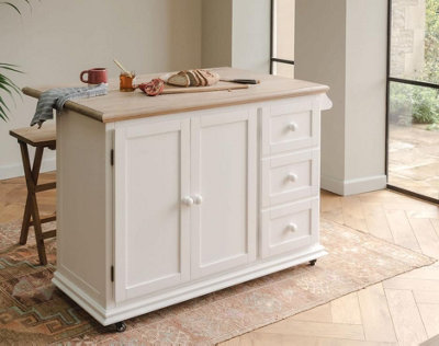 Statement Furniture White Shire Breakfast Bar Kitchen Storage Trolley With Oak Top Extendable Rolling Kitchen Island - Image 3