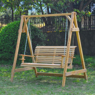 Outsunny 2 Seater Wooden Garden Swing Seat Hammock Bench Lounger, Natural