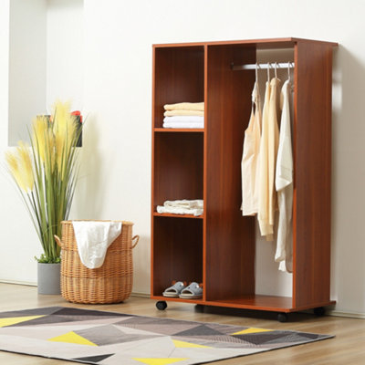 Homcom Rolling Open Wardrobe Hanging Rail Storage Shelves For Clothes, Walnut