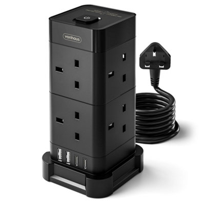 Vonhaus Tower Extension Lead8 Plug Surge Protected Extension Socket With 2M Cable2 Usb-C Ports & Faster Charging from B&Q
