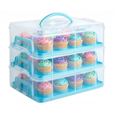 B&Q -  Blue Cupcake Carrier36 Muffin Stackable Cake Caddy3 Tier Bake HolderSnap & Stack DesignPlastic Carry Box