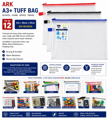 12 X A3+ Tuff Bag School Waterproof Storage Strong Pencil Pen Case Zip Wallet By Ark from B&Q