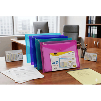 B&Q -  Carry File Popper Wallet File With Press Stud Closure Pack Of 5 (Electra AssortedA4)