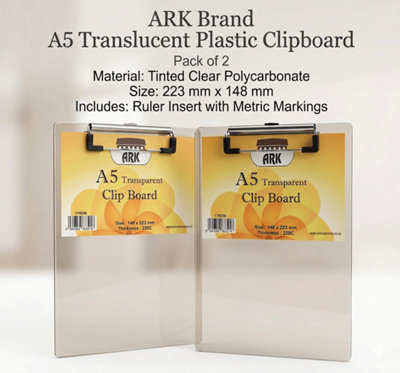 2 X A5 Translucent Plastic Clipboard -Tinted Clear Clip Board (223 X 148mm) By Ark from B&Q