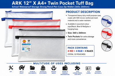 Ark 12 X A4+ Twin Pocket Tuff Bag School Waterproof Storage Strong Pencil Pen Case Zip Wallet (360X 260mm) from B&Q