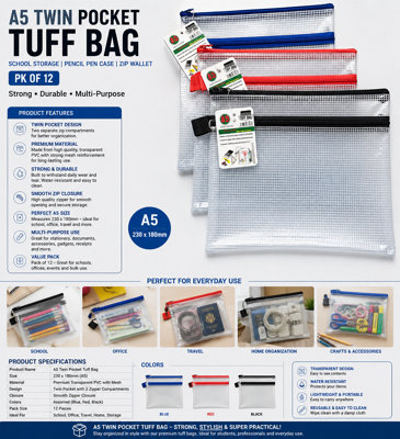Ark A5 Twin Pocket Tuff Bag School Storage Strong Pencil Pen Case Zip Wallet (230X 180mm) from B&Q