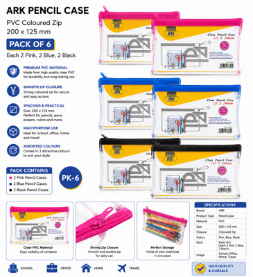 Ark Pencil Case Pvc Coloured Zip 200X125mm Clear Assorted Pk-6 from B&Q