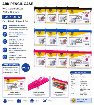 Ark Pencil Case Pvc Coloured Zip 200X125mm Clear Assorted Blue/pink/black (Pack Of 12) from B&Q