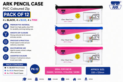 Ark Pencil Case Pvc Coloured Zip 330 X 125mm Clear Assorted (Pack Of 12) from B&Q