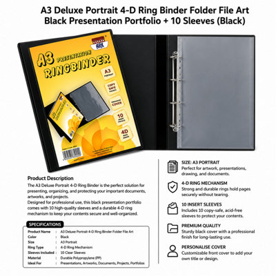 Ark A3 Deluxe Portrait 4-D Ring Binder Folder File Art Black Presentation Portfolio + 10 Sleeves (Black) from B&Q