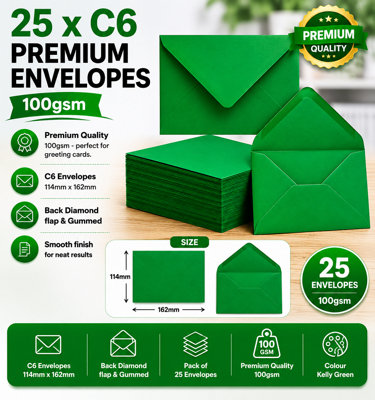 ARK CRAFT 25 X C6 Premium Envelopes 100Gsm 114mm X 162mm (Kelly Green) from B&Q