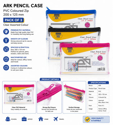Ark Pencil Case Pvc Coloured Zip 200X125mm Clear Assorted Colour ( Pack Of 3 ) from B&Q