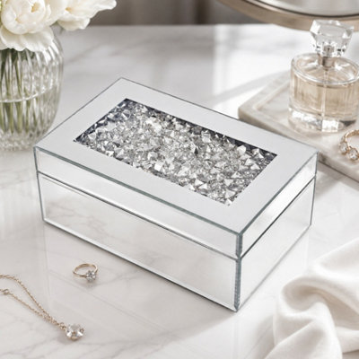  - Silver Mirrored Jewellery & Trinket Storage Box With Crushed Diamond Lid