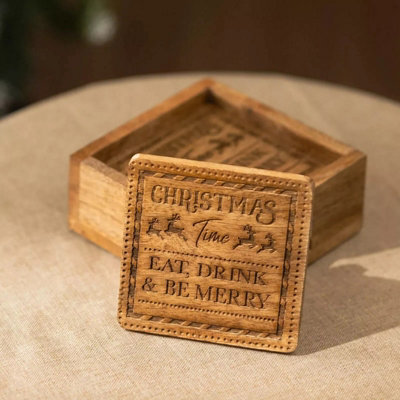 4Pc Wooden Christmas Coaster SetBe Merry from B&Q