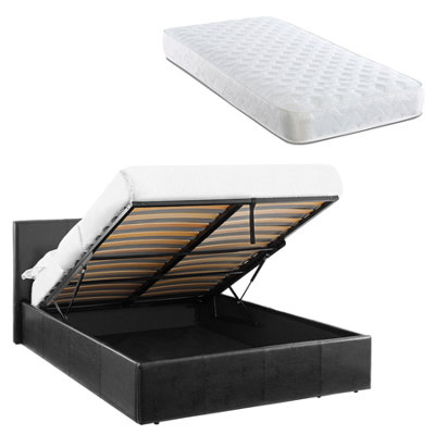 Luna Black Single Ottoman Storage Bed With Gas Lift & 17Cm Spring Mattress - Faux Leather - L: 203Cm X W: 108Cm X H: 88.5Cm 3Ft B&Q