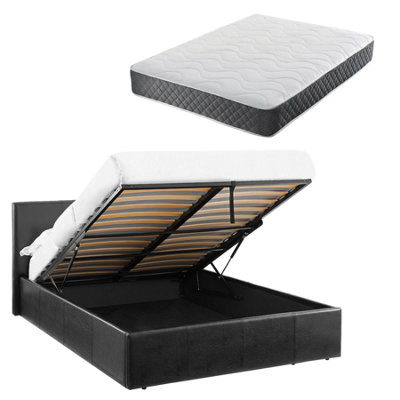 Luna Black Siesta Gas Lift Ottoman Storage Bed Single Faux Leather + Spring & Memory Foam Mattress 3Ft