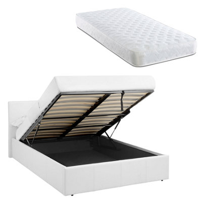 Luna White Single Ottoman Storage Bed With Gas Lift & 17Cm Spring Mattress - Faux Leather - L: 203Cm X W: 108Cm X H: 88.5Cm 3Ft B&Q