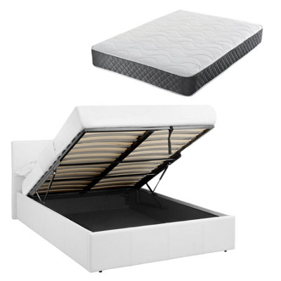 Luna Siesta Gas Lift Ottoman Storage Bed 4Ft6 Double Faux Leather + Spring And Memory Foam Mattress - White