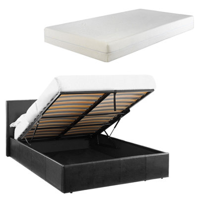 Luna Siesta Ottoman Storage Bed 4Ft Small Double Faux Leather + 8 Inch Thick Memory Foam Mattress - Black