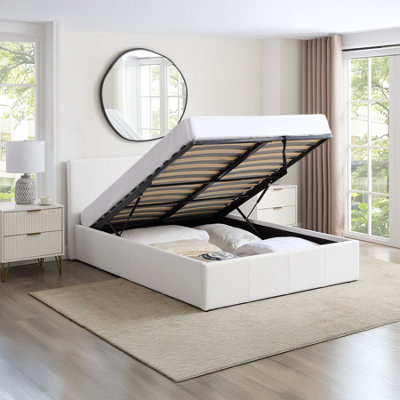 Luna 4Ft Small Double Ottoman Bed White Faux Leather Gas Lift Storage Frame - White - Image 7
