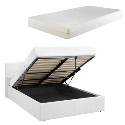B&Q -  4Ft Small Double White Ottoman Storage Bed With Gas Lift & 25Cm Thick Memory Foam MattressL: 203Cm X W: 138Cm X H: 88.5Cm