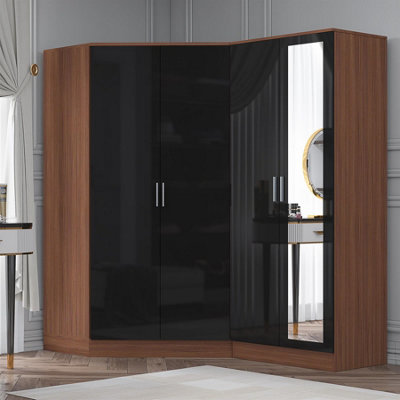 Reflect 2 Door Corner & 2 Door Mirror Wardrobe Set In Gloss / Walnut Black