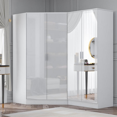 Reflect 2 Door Corner & 2 Door Mirror Wardrobe Set In Gloss / White