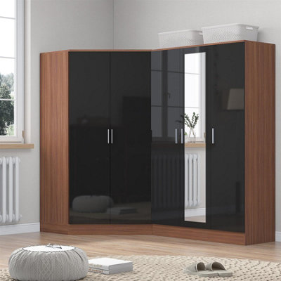 Reflect 2Pc Wardrobe Bundle2 Door Corner + 3 Door MirrorBlack Gloss & WalnutH: 180Cm X W: 179Cm X D: 103Cm