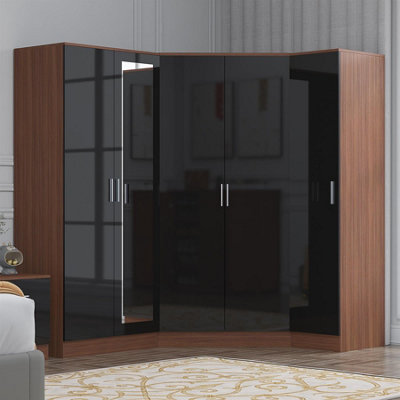 Reflect 3Pc Wardrobe Bundle2 Door Corner + 2 Door Mirror + 1 Door PlainBlack Gloss & WalnutH: 180Cm X W: 179Cm
