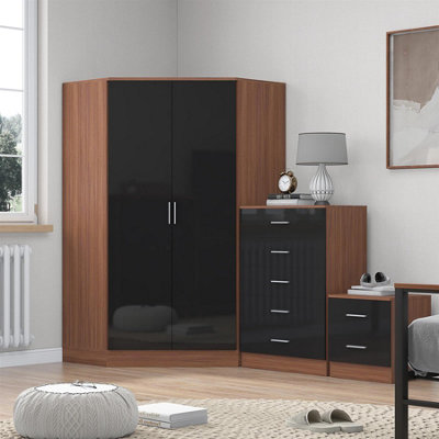 Reflect 2 Door Corner Wardrobe5 Drawer Chest2 Drawer BedsideBlack Gloss & WalnutBedroom Furniture Set from B&Q