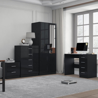 Reflect 2 Door Mirror Wardrobe5 Drawer Chest2 Drawer Bedside & DeskBlack Gloss & Black OakModern Bedroom Furniture Set from B&Q