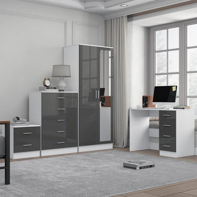Reflect 2 Door Mirror Wardrobe5 Drawer Chest2 Drawer Bedside & DeskGrey Gloss & Matt WhiteModern Bedroom Furniture Set from B&Q