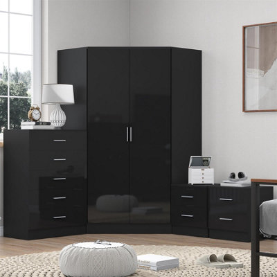 Reflect 2 Door Corner Wardrobe5 Drawer Chest2X 2 Drawer BedsidesBlack Gloss & Black OakBedroom Furniture Set from B&Q