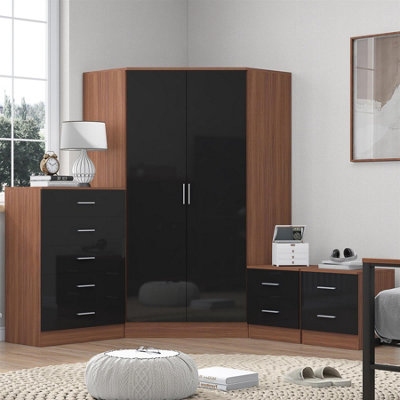 Reflect 2 Door Corner Wardrobe5 Drawer Chest2X 2 Drawer BedsidesBlack Gloss & WalnutBedroom Furniture Set from B&Q